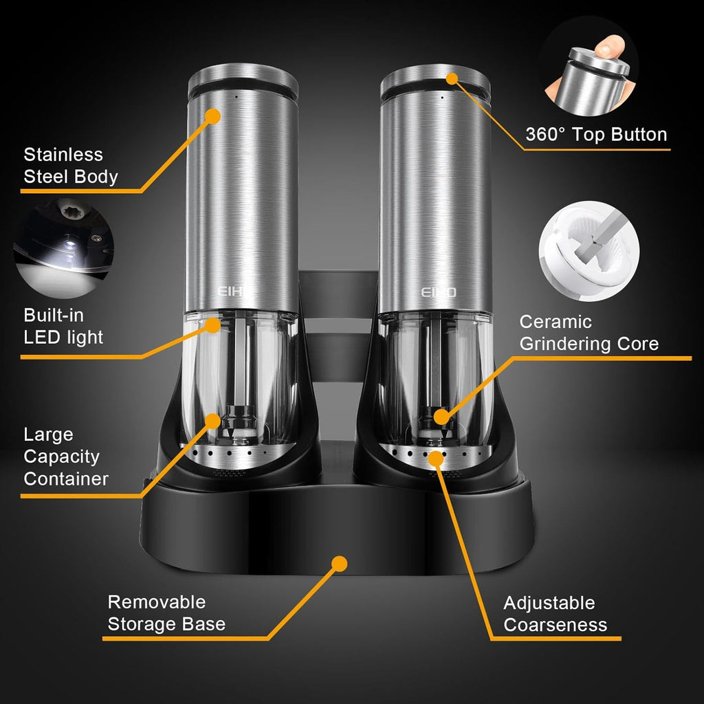 Electric Salt and Pepper Grinder Set USB Rechargeable, Upgraded External Adjustable Coarseness, Stainless Steel