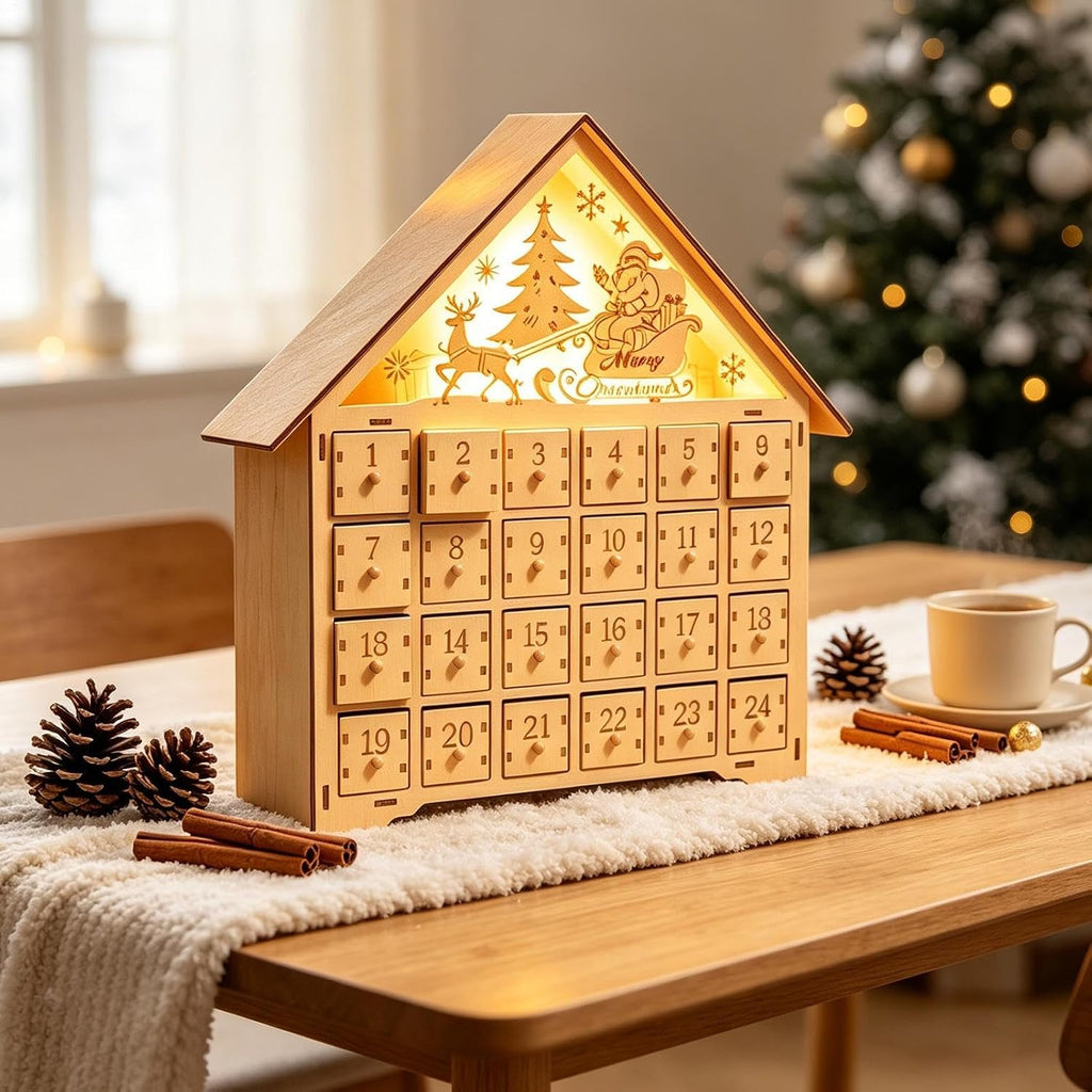 Wooden Advent House - Lighted Holiday Countdown, Christmas Drawer Box