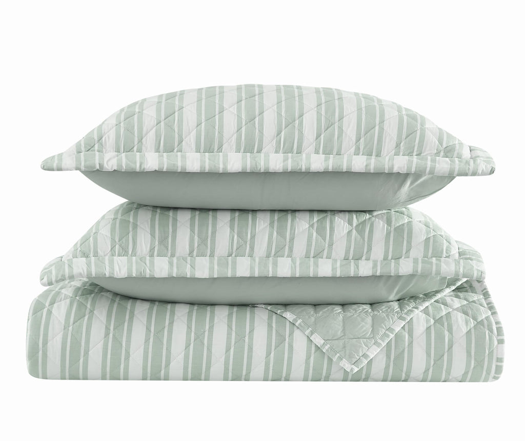 Wide Ticking Stripe Green 3 Piece Quilt Set