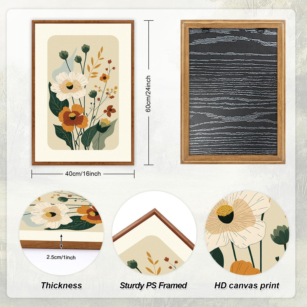 Boho Floral Botanical Framed Canvas Wall Art Set,Abstract Vintage Beige Wall Decor,Minimalist Wildflowers Artwork