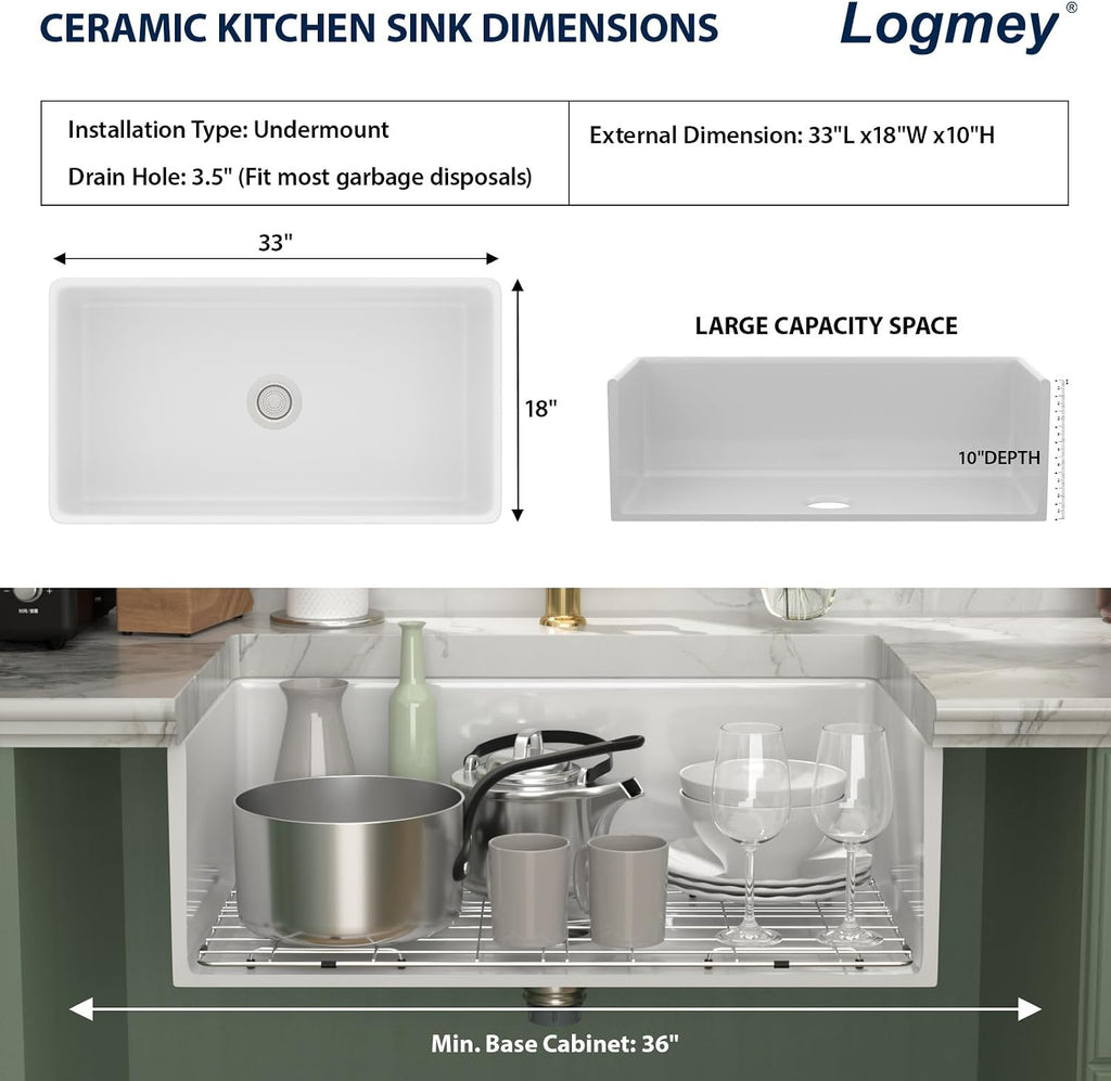 33 Inch White Fireclay Farmhouse Sink with Pop-up Drain | Reversible Farm Sink 33x18x10 Durable Ceramic Apron Front