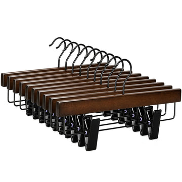Pants Hangers, Wooden Skirt Hangers with Adjustable Metal Clips, Premium Retro Finish and 360° Swivel Black Hook