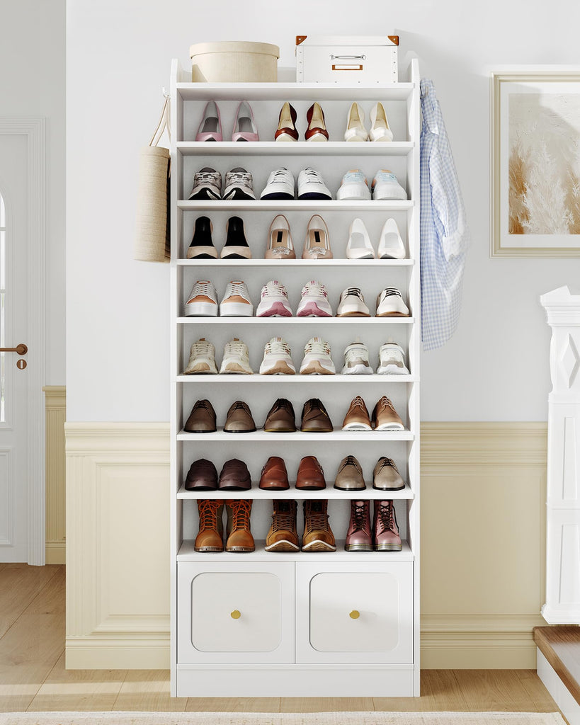 Shoe Storage Cabinet, 10 Tiers Shoe Cabinet with 2 Cloth Drawers, Wooden Freestanding Shoes Organizer with 2 Hooks
