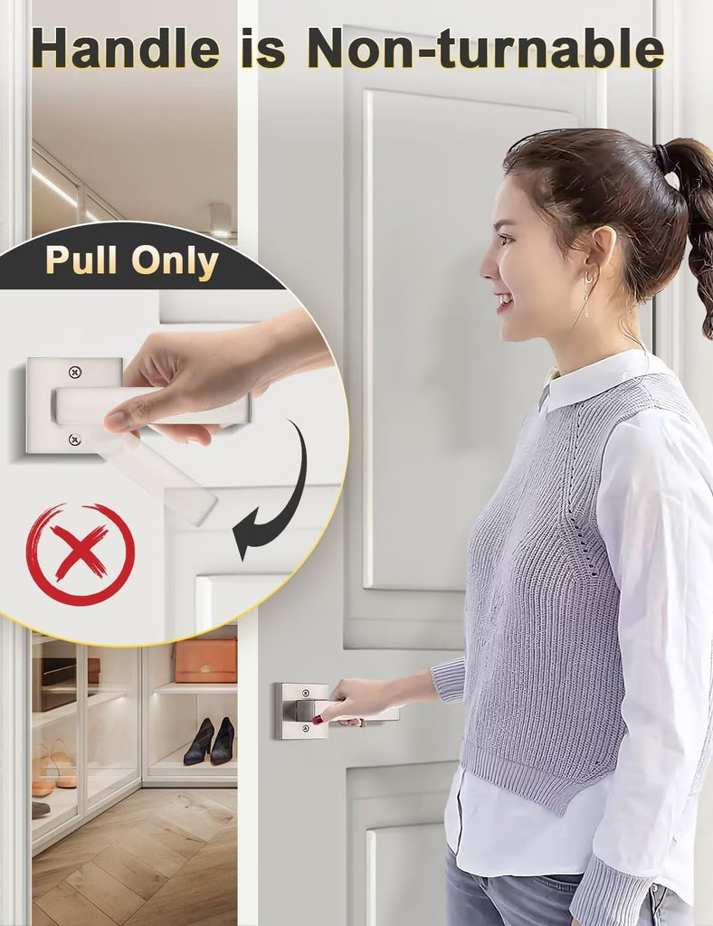 4 Pack Dummy Door Handles Brushed Nickel for Left Hand and Right Hand, Mordern Square Closet Hallway Door Knobs