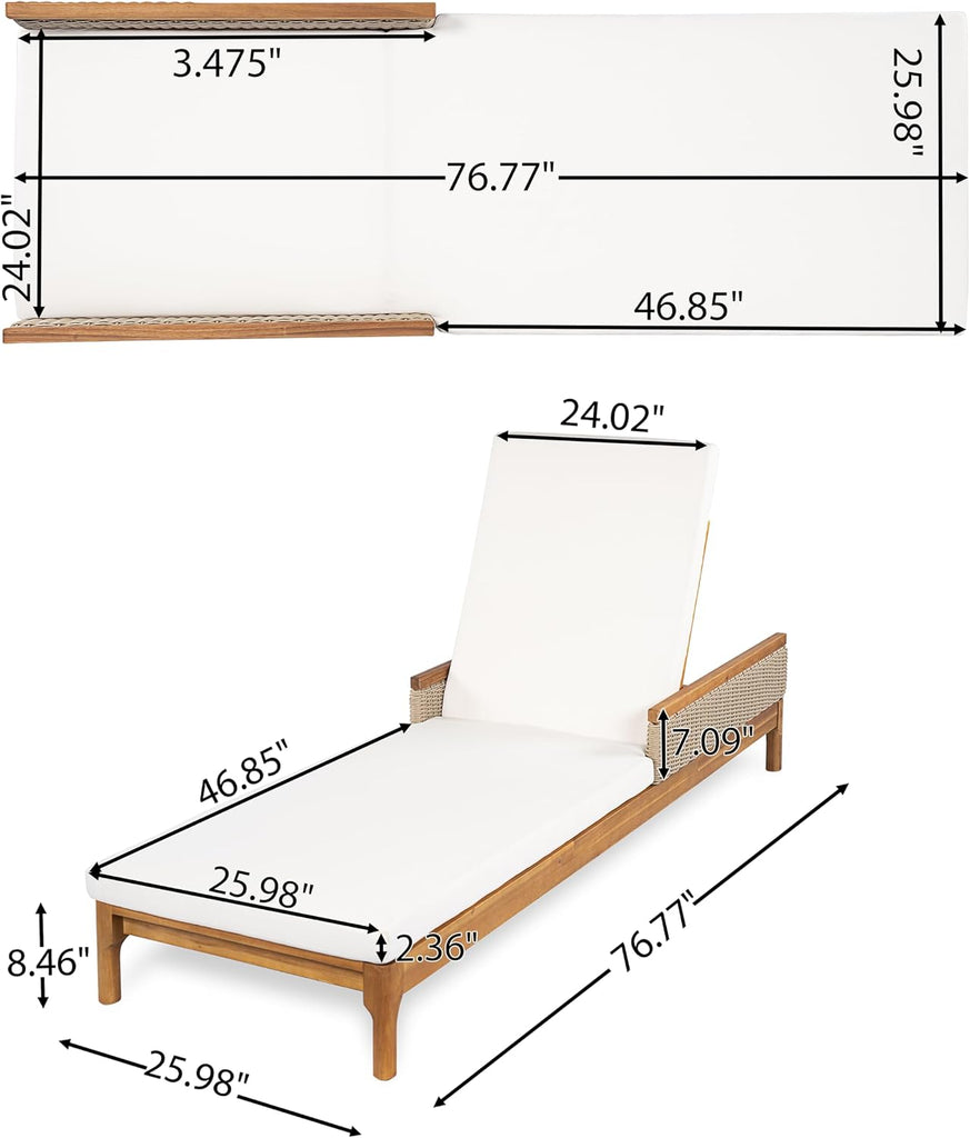 Outdoor Acacia Wood Chaise Lounge Chair Set of 2, Wooden Sunbathing Pool Lounger with Woven Rattan Accents