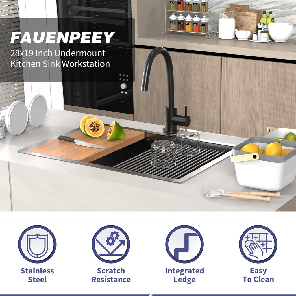 28x19 Black Stainless Steel Kitchen Sink Workstation, Undermount, Single Bowl