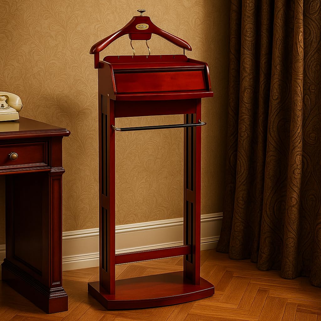 Excalibur Wardrobe Wood Valet Stand with Power Extension, Large Storage Compartment, Contour Hanger, Trouser