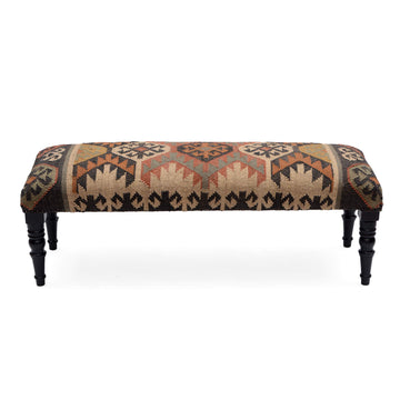 Acacia Wood Kilim Jute Fabric Upholstered Bench | Multi-Purpose Wooden Ottoman with Wool Jute, End of Bed, Hallway &