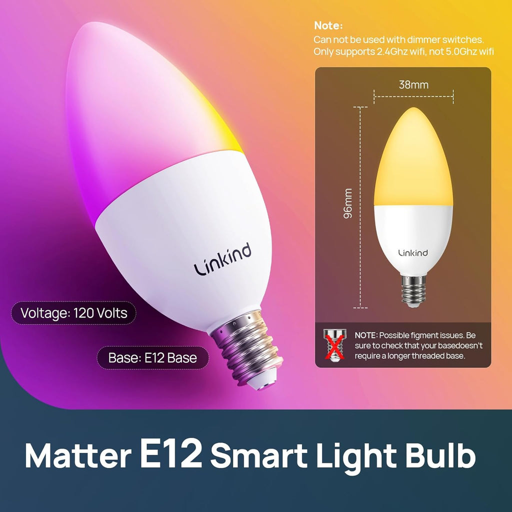 Matter Smart Bulbs, E12 Led Bulb Works with Alexa/Apple Home/Google Home, Smart Light Bulbs, WiFi Candelabra B11