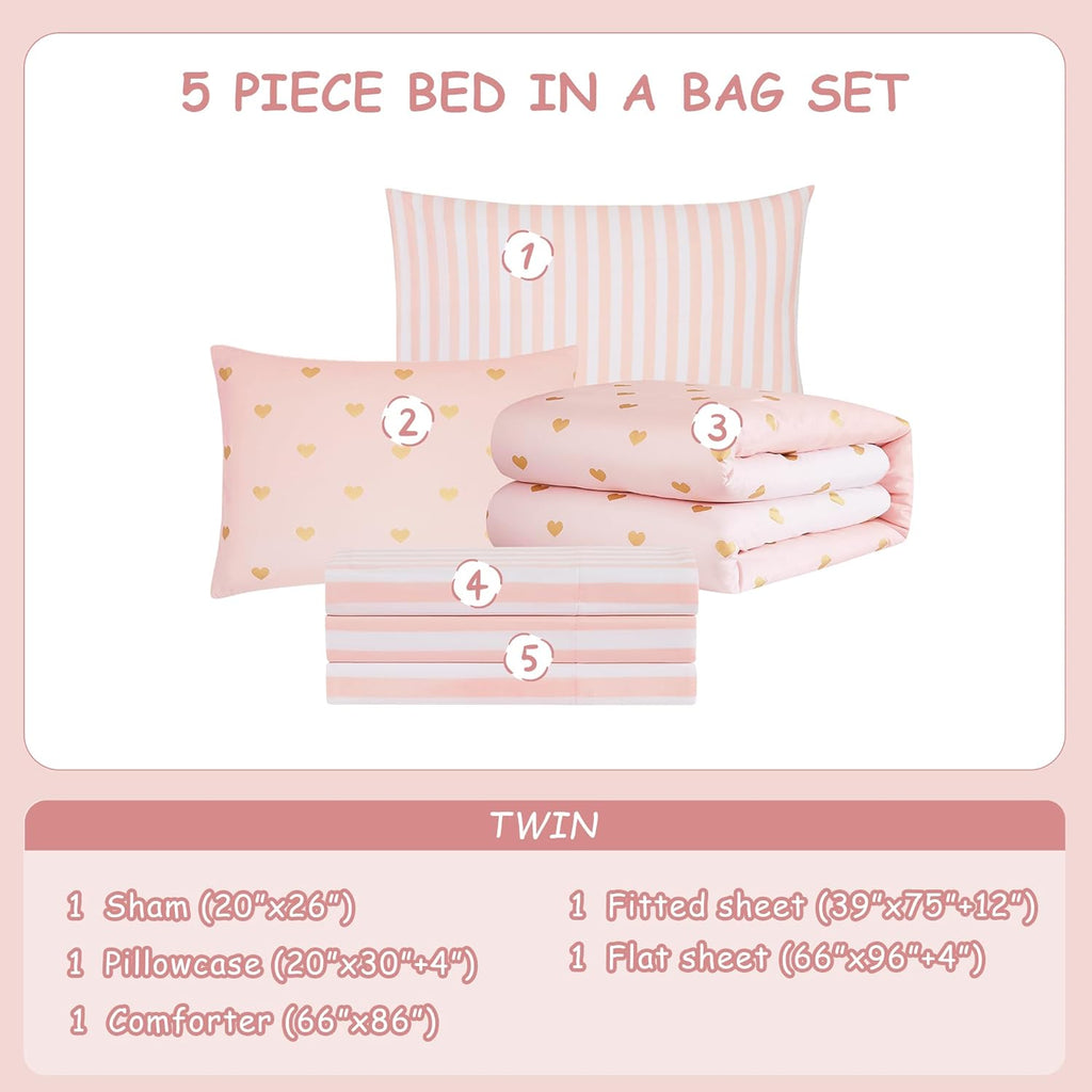 Twin Comforter Set with Sheets for Girls-5 Pieces Twin Bedding Sets with Pink White Gradient Ombre Comforter, Sheets