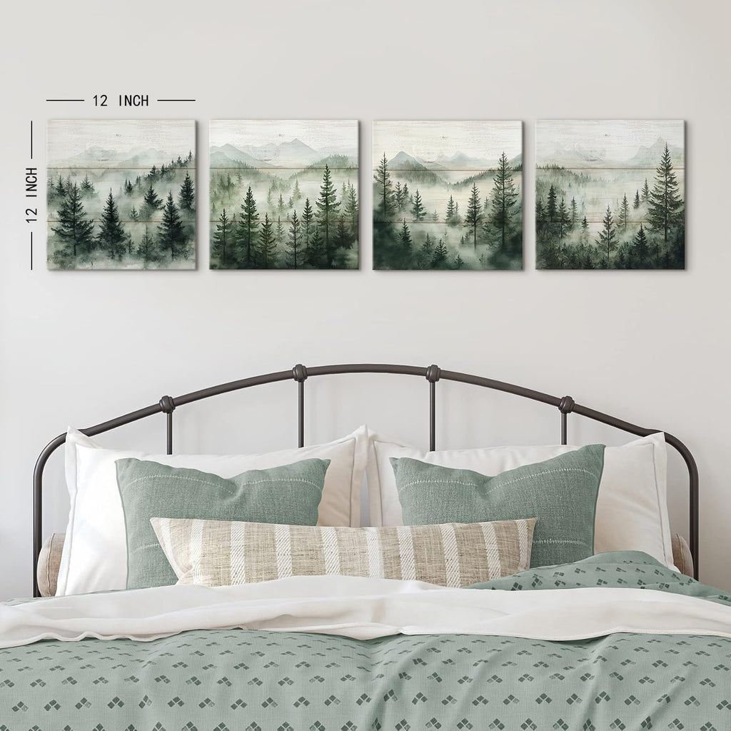 Green Forest Wall Art Nature Foggy Mountains Landscape Pictures Misty Forest Bathroom Decor Pine Tree Wall Art