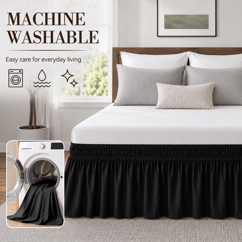 Black Queen Bed Skirt 14 Inch Drop, Elastic Wrap Dust Ruffle