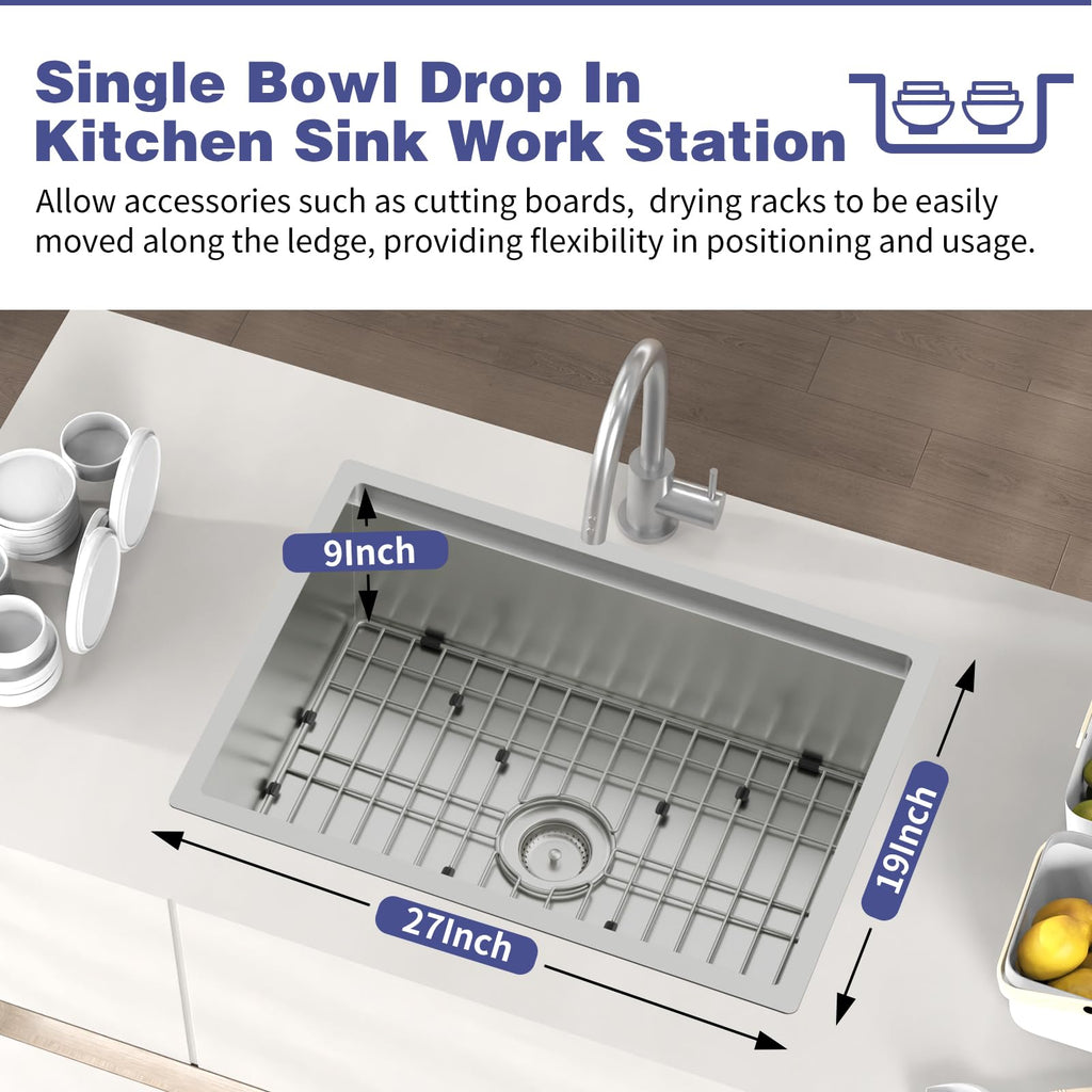 27x19 Inch Stainless Steel Workstation, Undermount, Single Bowl