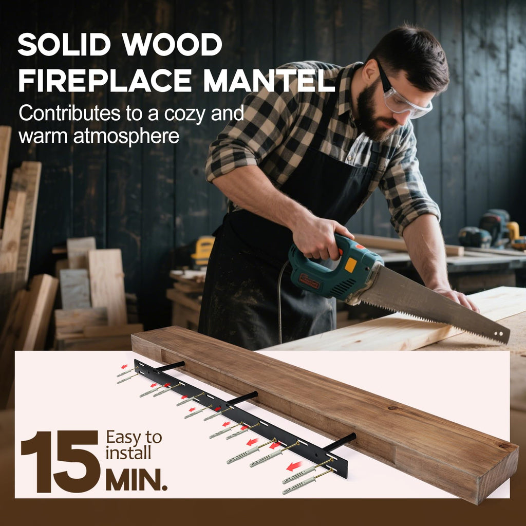 Solid Fireplace Mantel 72 Inch, Rustic Wooden Mantel Shelf for Wall, Dark Oak