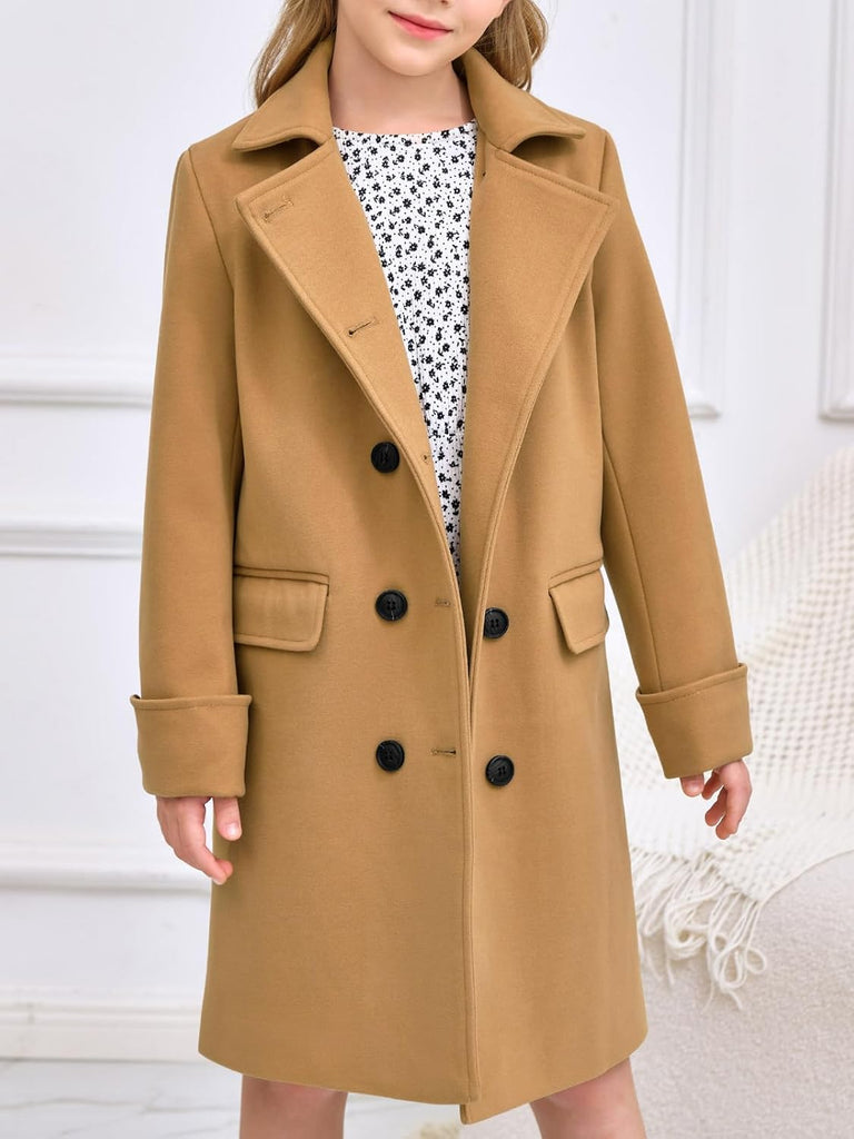 Girls Double Breasted Trench Coat Notch Lapel Long Peacoat