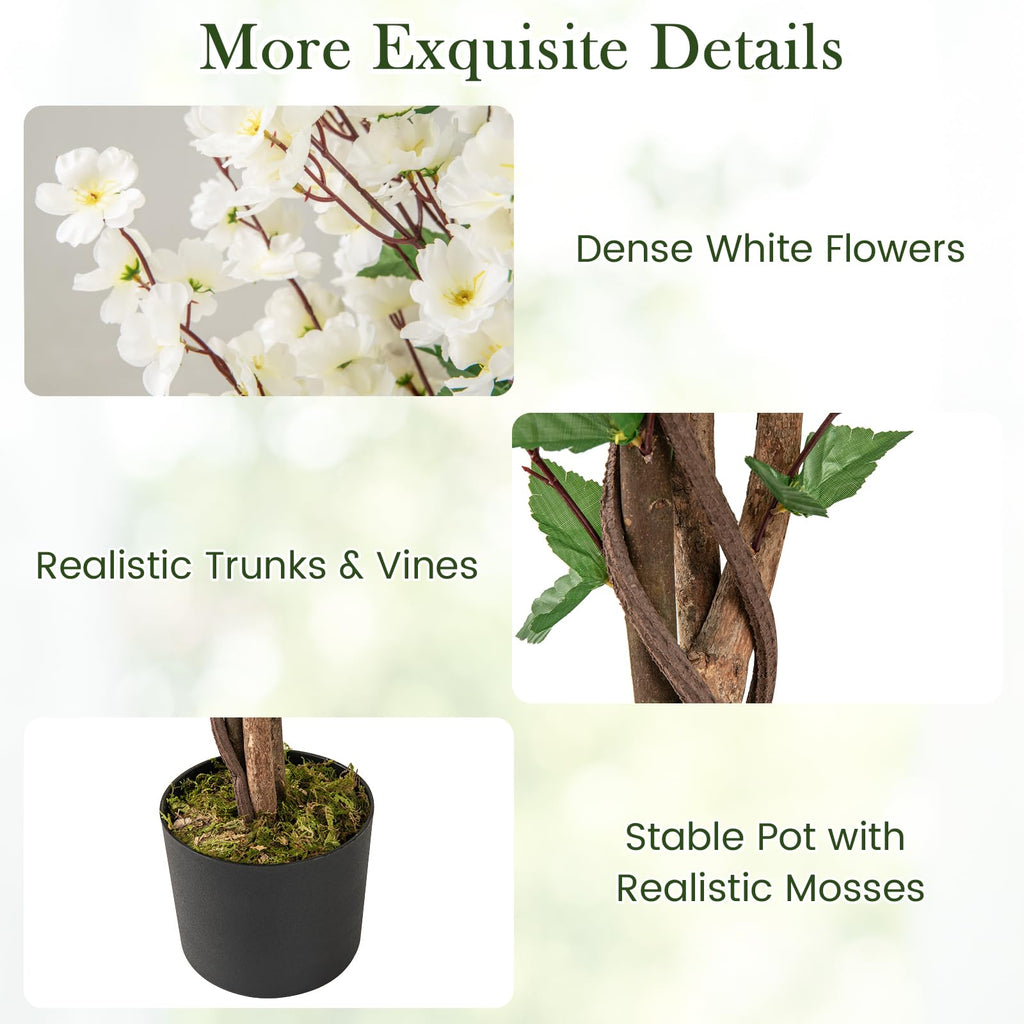 47" Artificial Wintersweet Tree, Faux Plum Blossom Plant with White Fabric Flower, Solid Wood Trunk, Fake Potted