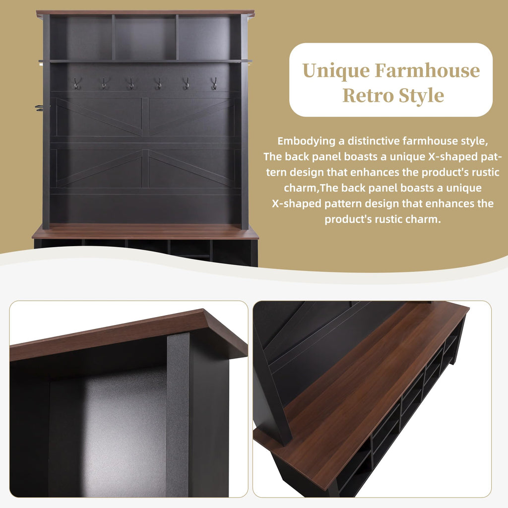 Wood Rustic Hall Tree Entryway Bench with 6 Hooks and Adjustable Shelves, Farmhouse Mudroom Versatile Coat Racks with