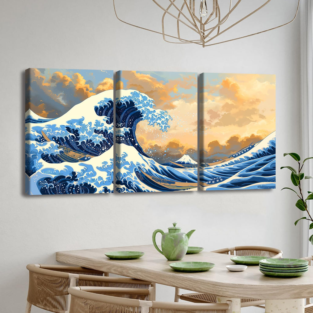 3Pc Great Wave Off Kanagawa Framed Canvas Wall Art, 12x16in
