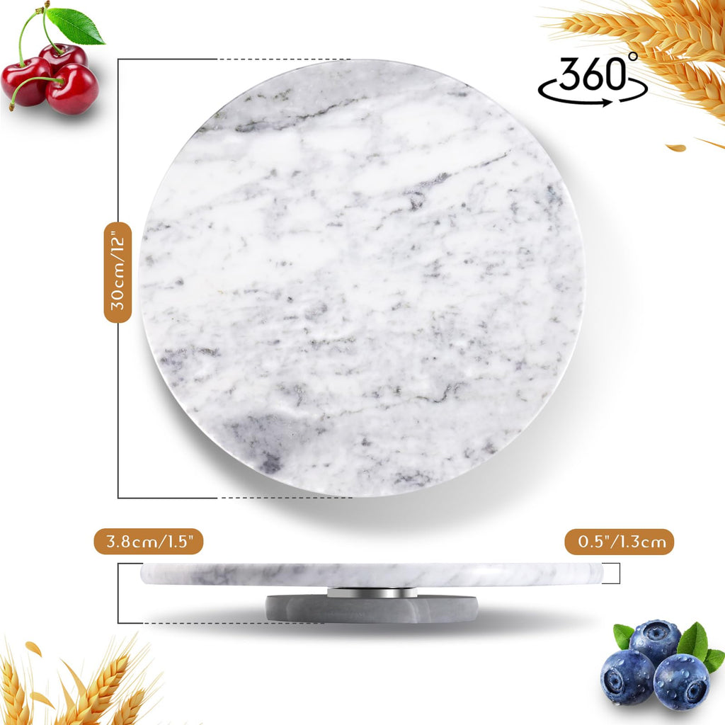 12" Mable Lazy Susan, 100% Natural Marble Round Tray with Silent Rotating, Kitchen Turntable Storage Turner Revolving