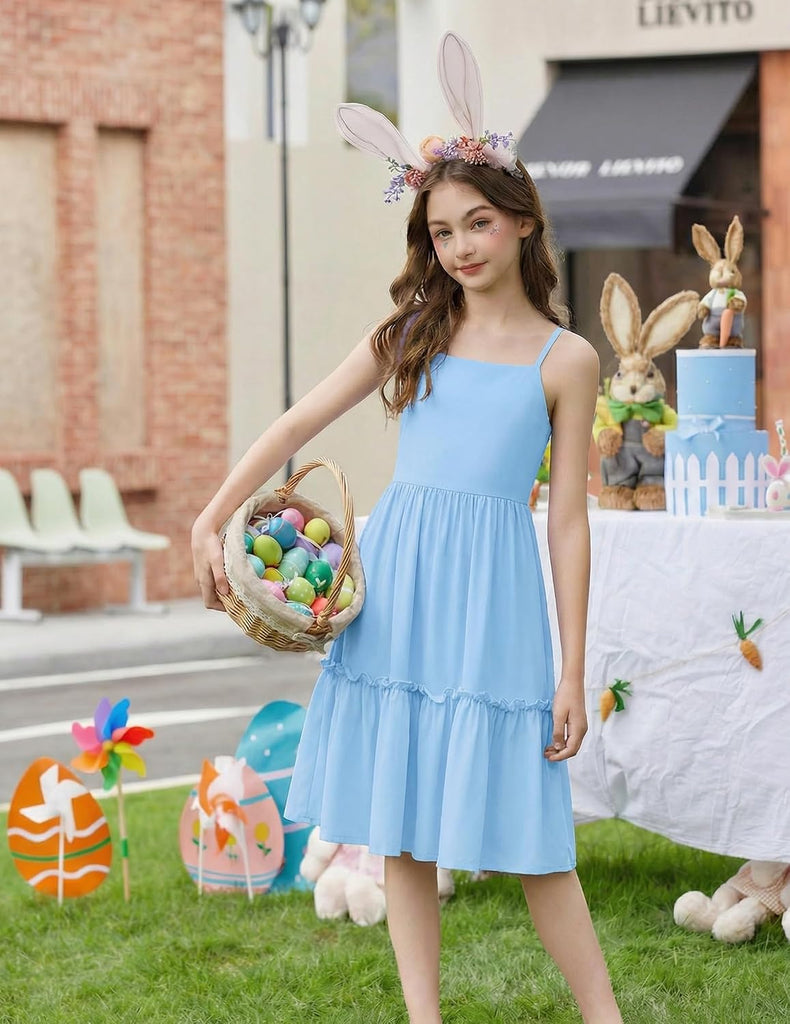 Girls Dress Tie Back Casual Summer Beach Sundress with Pockets