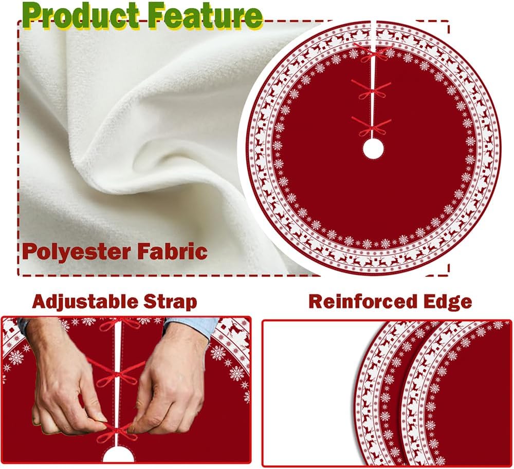Christmas Tree Skirt, Red Tree Skirts 48 Inch with Snowflake Reindeer Rustic Farmhouse Xmas Tree Skirt Christmas