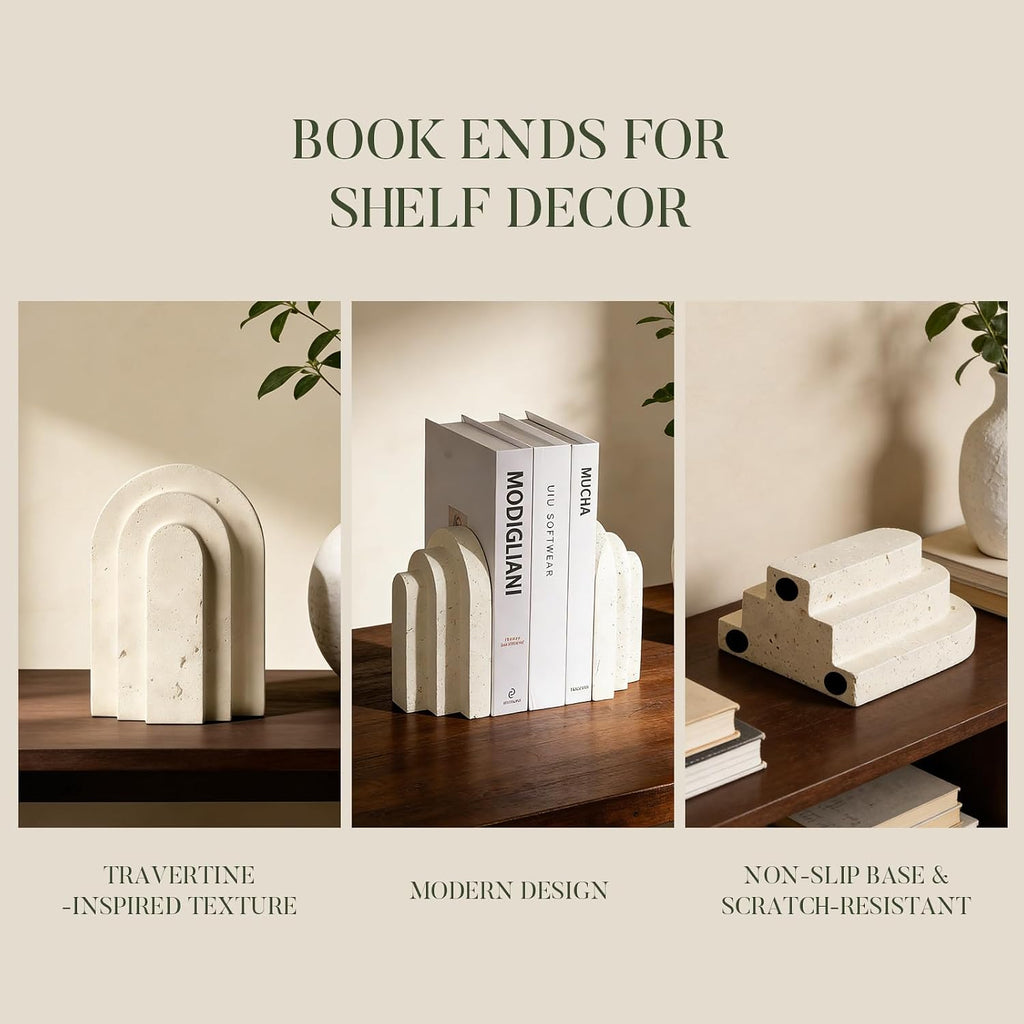 Ends for Heavy Books, Beige Modern Pleasing Layered Arch Design | Aesthetic Bookend Decorative, Concrete Book Ends to