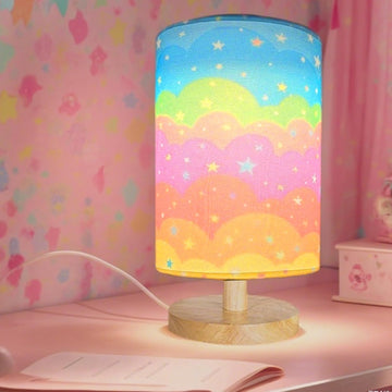 Kids Table Lamp, Rainbow Lamp, 3 Level Dimmable Wood Nightstand Desk Base Flaxen Fabric Shade Living Room,Rainbow