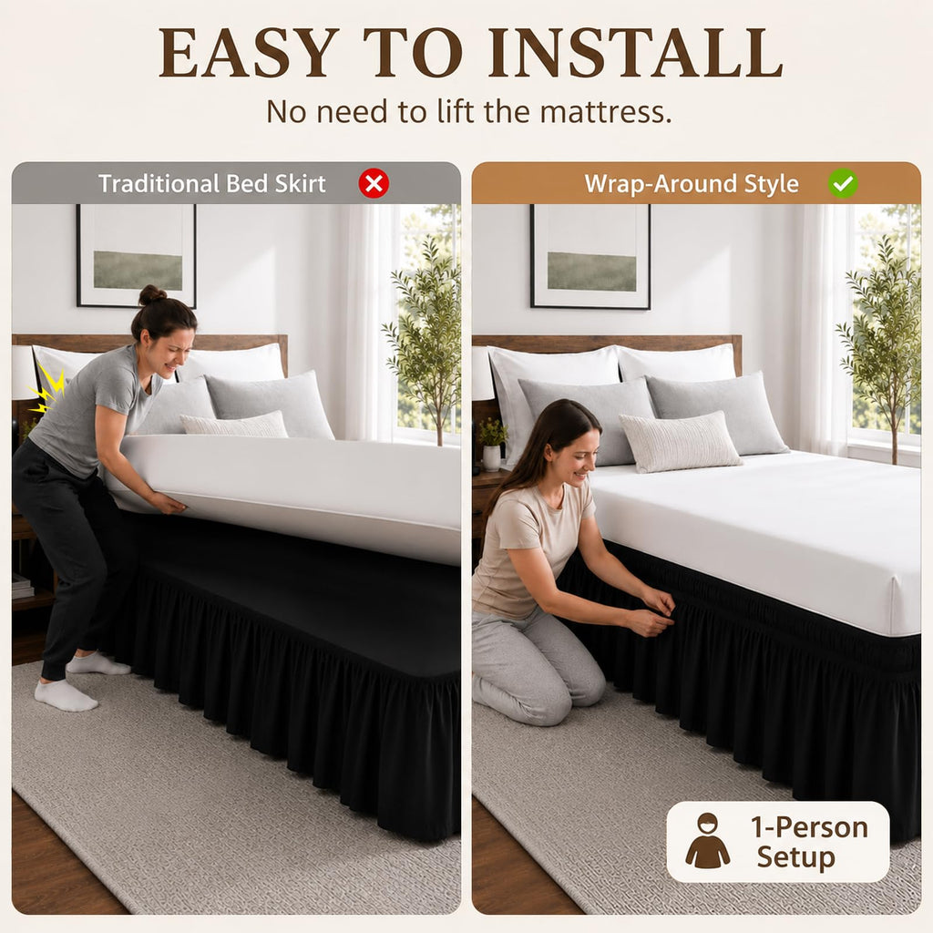 Black Queen Bed Skirt 14 Inch Drop, Elastic Wrap Dust Ruffle