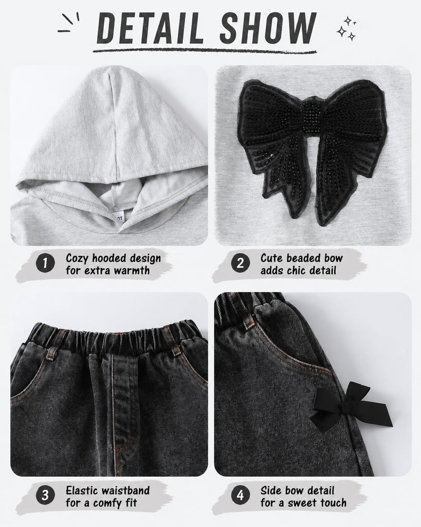 Tween Girls Clothes Bow Hoodie Sweatshirt Top + Jeans 2 Piece Outfit Set