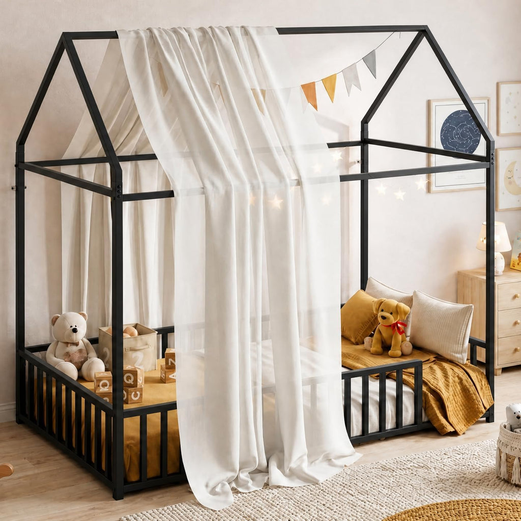 Floor Bed with Roof and Fence Guardrails, Black