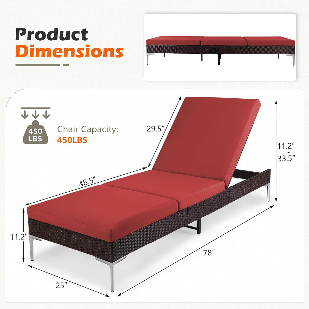 Outdoor Chaise Lounge Chair Set of 2, Patio Wicker Lounge Chairs with Adjustable Backrest