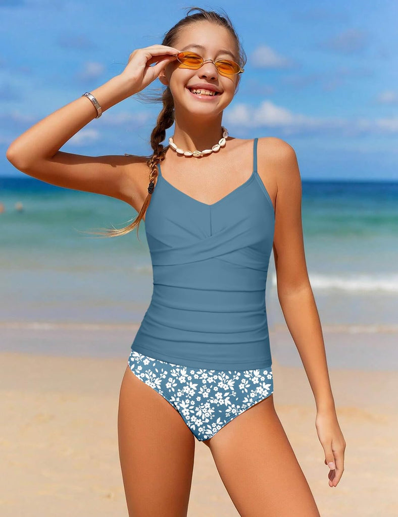 Girls Swimsuit 2 Piece Bathing Suit Criss Cross Ruched Girl Tankini Sets Printed Girls' Swimwear