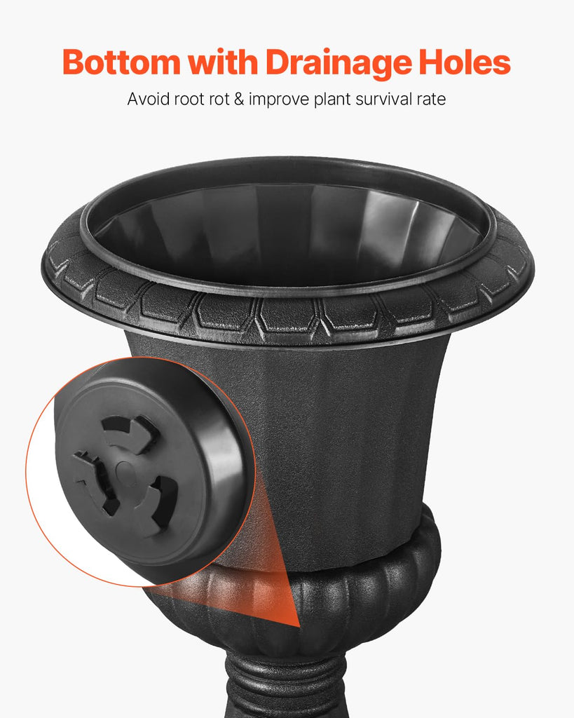 Plastic Urn Planters, 15.8 x 26.4 Inch, 2 Pack Black Classic Flower Pots Front Porch Planters, Indoor & Outdoor Vase