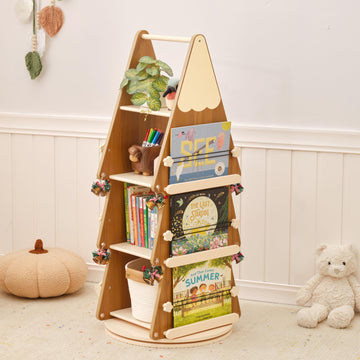 Solid Wood Rotating Bookshelf Tower 4 Tier, 360°Display Floor Standing Spinning Bookshelf Tower, Small Corner