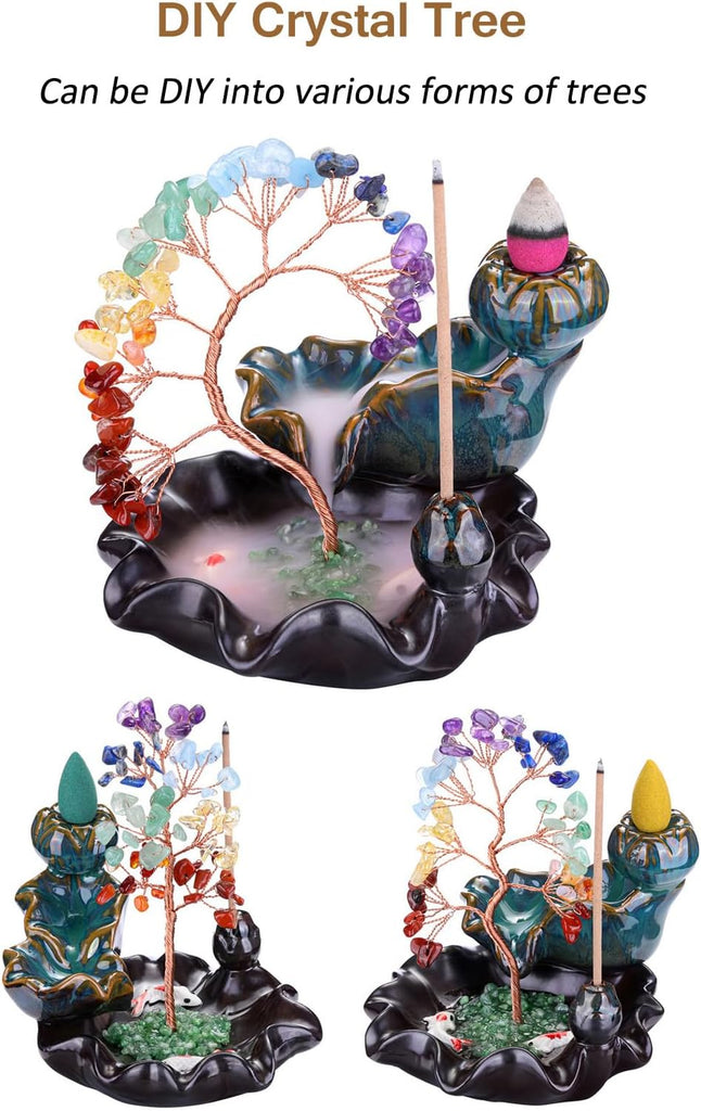 Backflow Incense Burner Ceramic Incense Waterfall,7 Chakra Stones Healing Crystal Money Tree Incense Holder