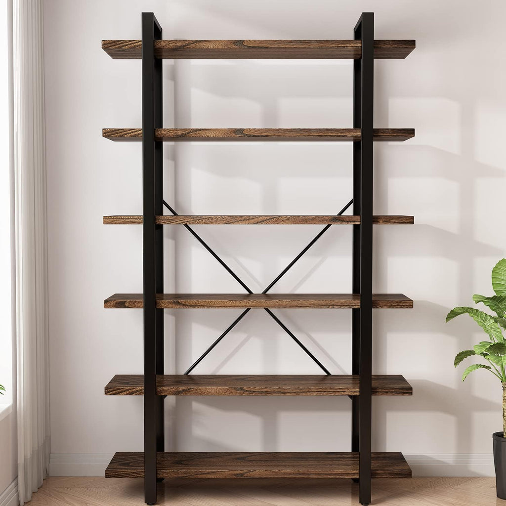 Solid Wood Bookcase and Book Shelves Wood and Metal Shelving Unit 6 Tier Bookshelf Modern Rustic Open Bookshelf