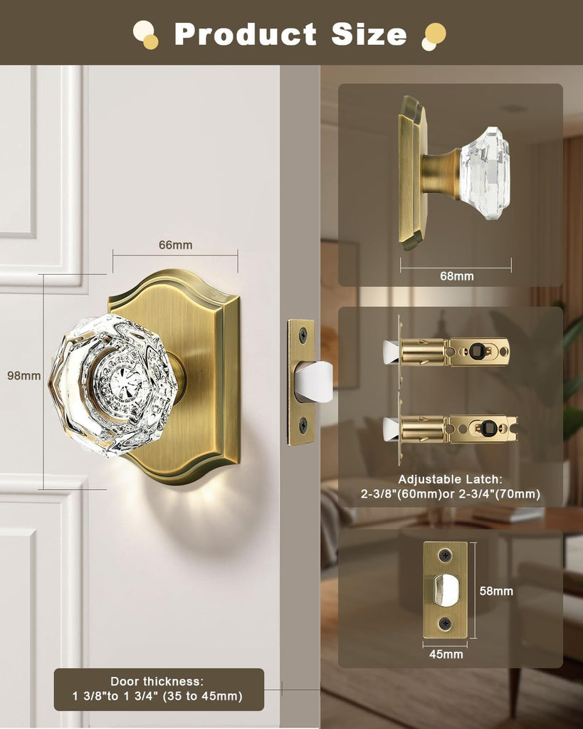 5 Pack Passage Crystal Door Knobs in Antique Brass for Hall Closet Laundry Room,Clear Octagon Shape,Keyless Outside