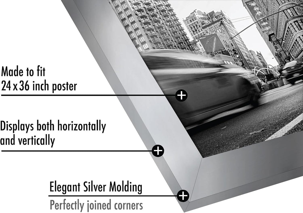 24x36 Poster Frame - Silver Engineered Wood with Polished Plexiglass - Wide Picture Frame for Vertical or Horizontal