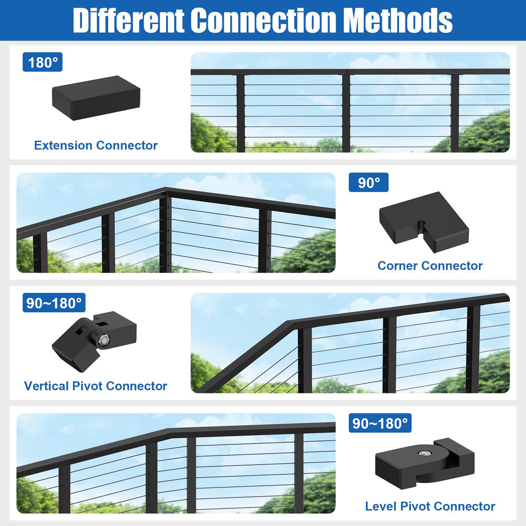 4 Pack Extension Connectors with Screws, Black Flat Handrail Accessories for Cable Railing Handrail, POM Handrail