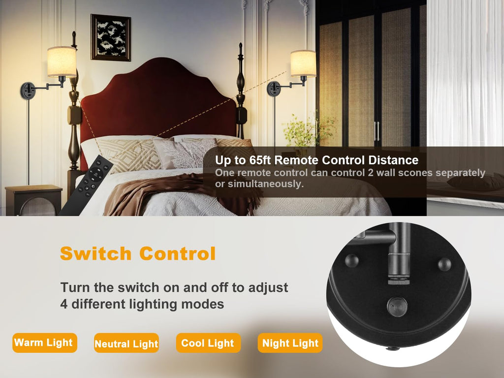 Plug in Wall Sconces with Remote Control, Dimming 10%-100% & Adjustable Colors 2700K-6500K, Hardwire or Plug