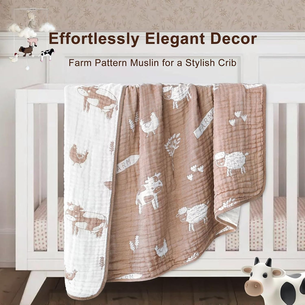 Ultra Soft Muslin Baby Blanket 6 Layers Neutral Swaddles Bed Blankets with Lovey Animal Design for Newborn Babies