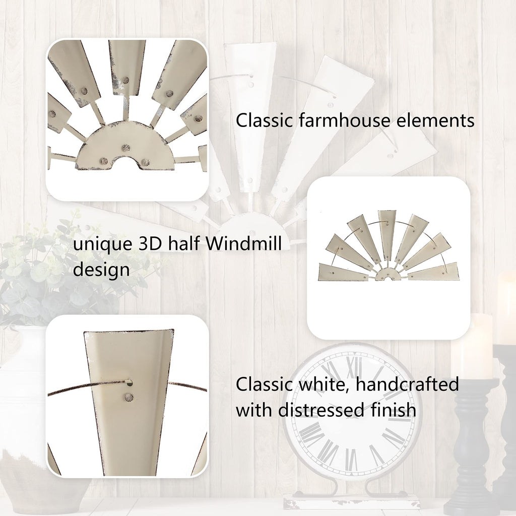 32" Rustic Galvanized Metal Half Windmill Wall Sculpture Farmhouse Wall Art Home Decor, Beige
