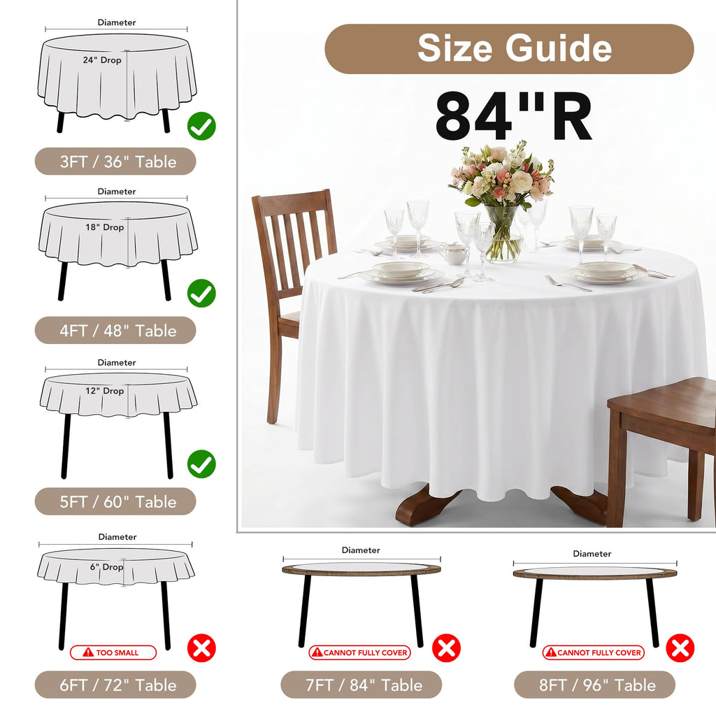 8 Pack Ivory Round Tablecloths 84 Inch for 36"-60" Tables