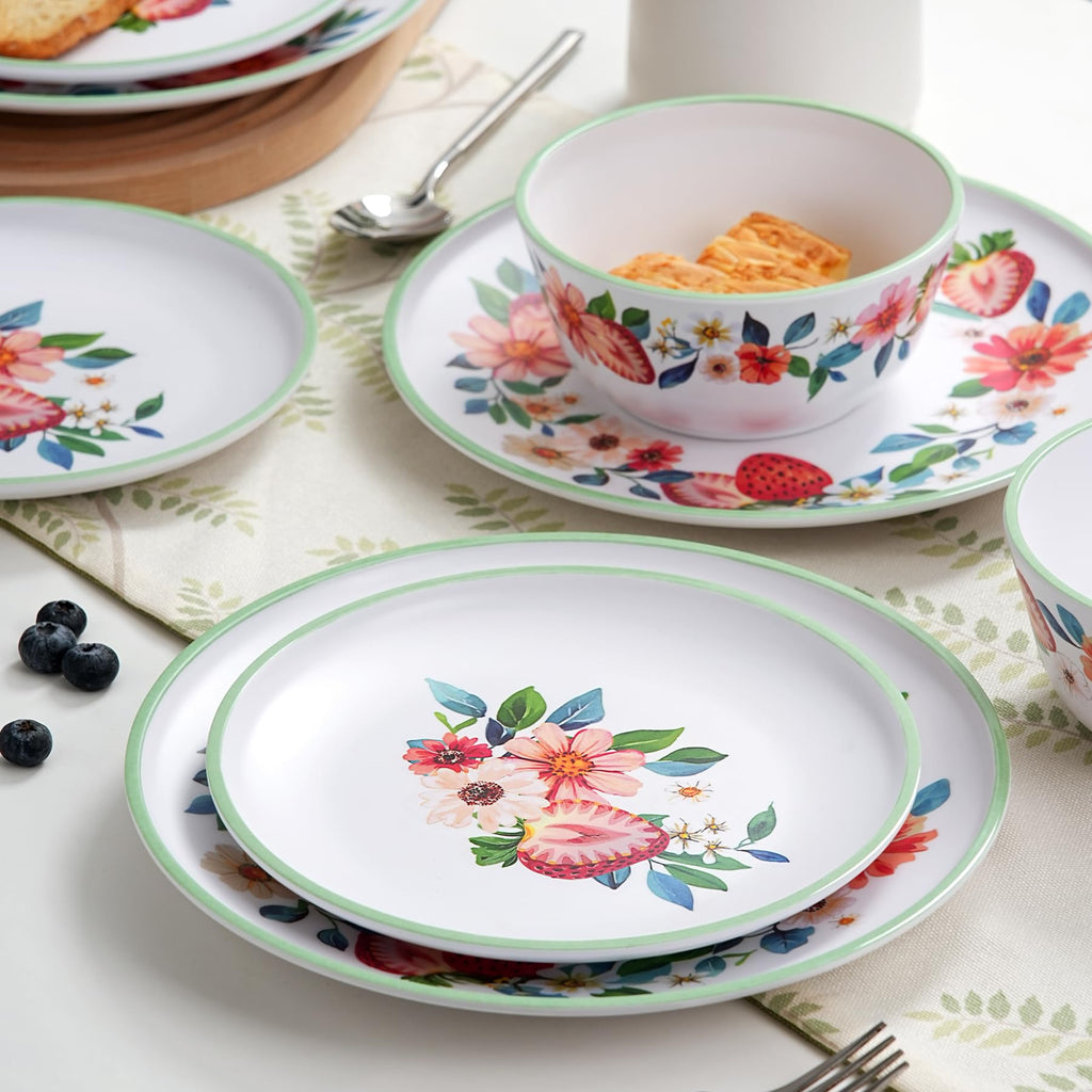 12-Piece Strawberry Melamine Dinnerware Set for 4, Floral Pattern