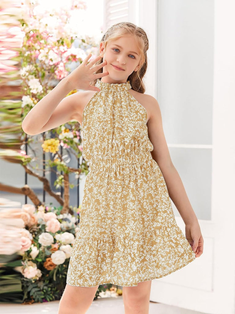 Floral Dresses Kids Summer Casual Halter Sleeveless Dresses