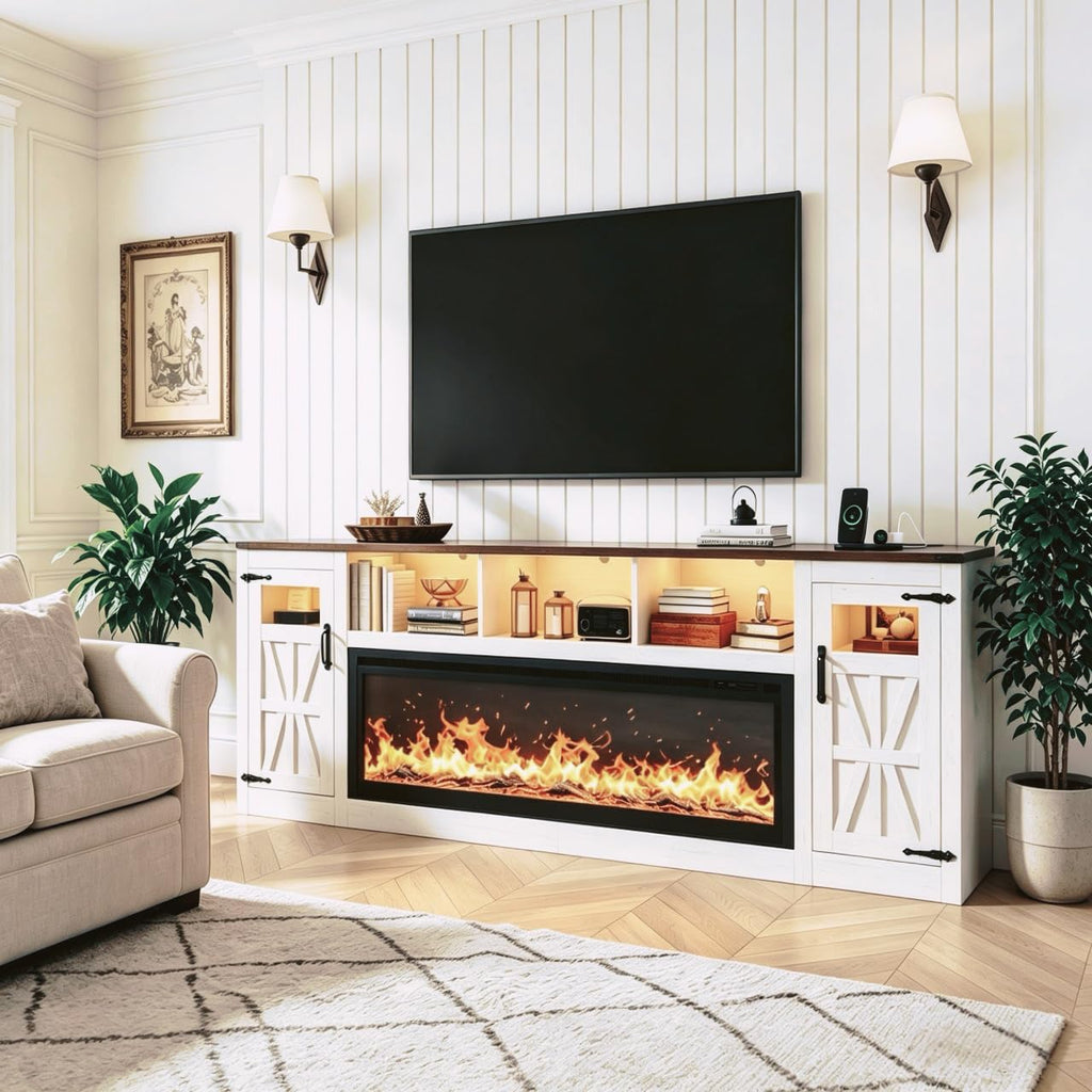 95" Fireplace TV Stand, Farmhouse Entertainment Center for 100" TV, White