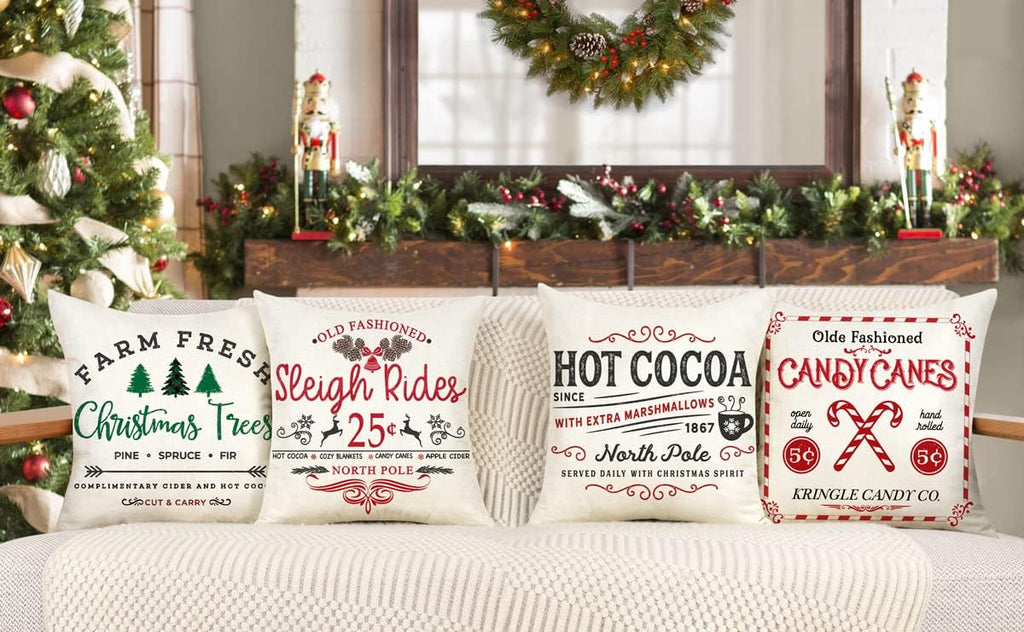 Farmhouse Christmas Pillow Covers 18x18 Winter Holiday Decorations Xmas Rustic Throw Cushion Case for Sofa - Set of 4