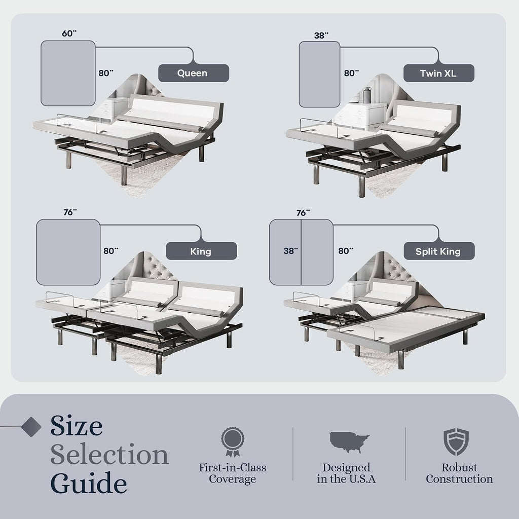 Platinum Adjustable Bed Base Frame Only, Head and Foot Lift, Lumbar Support, Head-Pillow-Tilt, Massage, Under-Bed