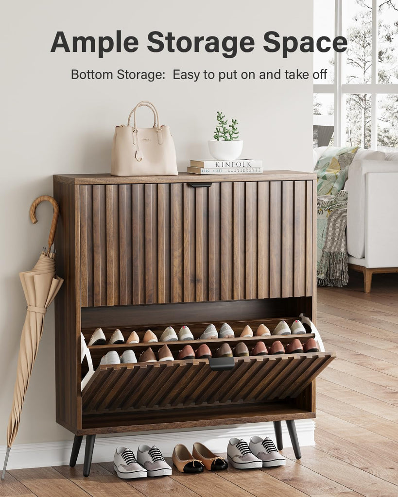 Shoe Storage Cabinet, Walnut Fluted Shoe Cabinet Storage, Hidden Shoe Cabinet with Metal Legs, Slim Entryway Shoe