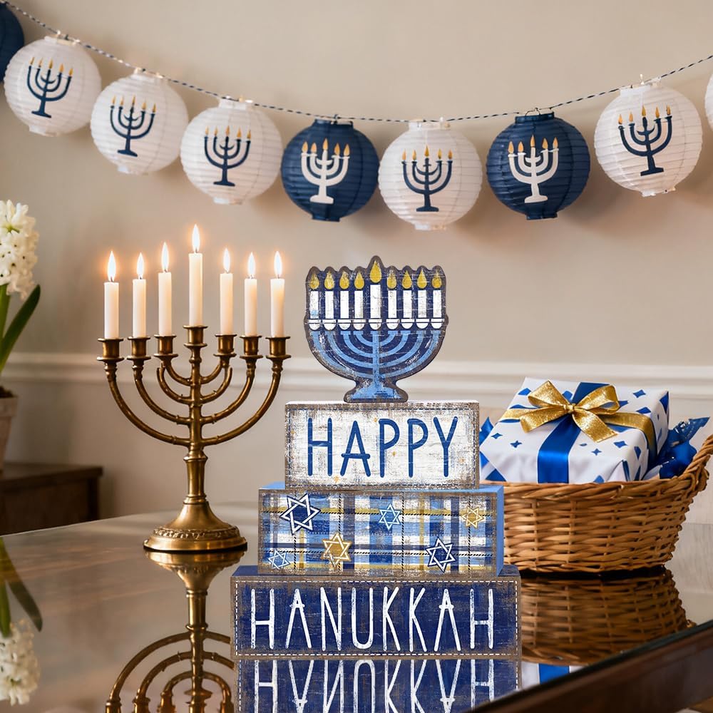 Hanukkah Table Decoration Happy Hanukkah Wooden Block Wooden Decoration Chanukah Table Centerpiece Sign Jewish - Set of 4